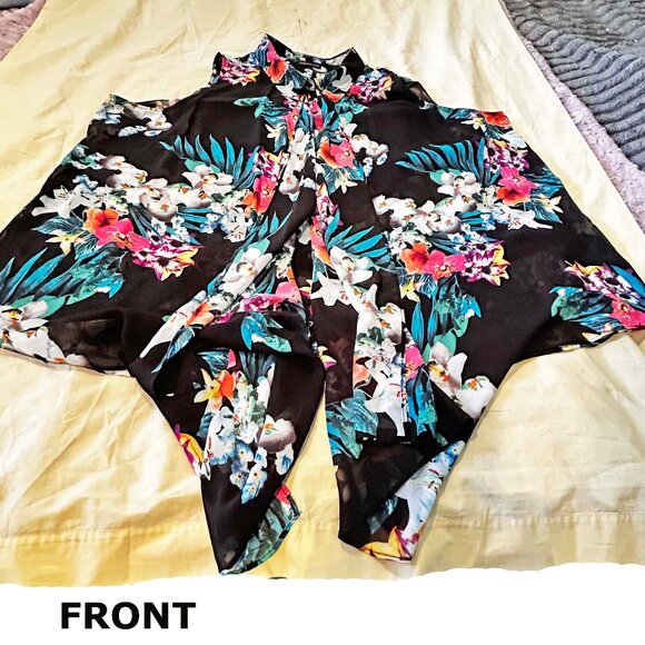 NEW PHOTOS! ASYMMETRIC SLEEVELESS BLOUSE, FLOWER MULTICOLOUR, SIZE 24, SHIRT - Picture 5 of 14